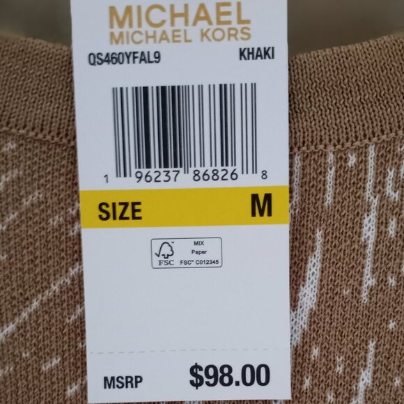 'MICHAEL KORS' Short Sleeve Scoop neck Sweater Size M Taupe/White NWT - Picture 2 of 14